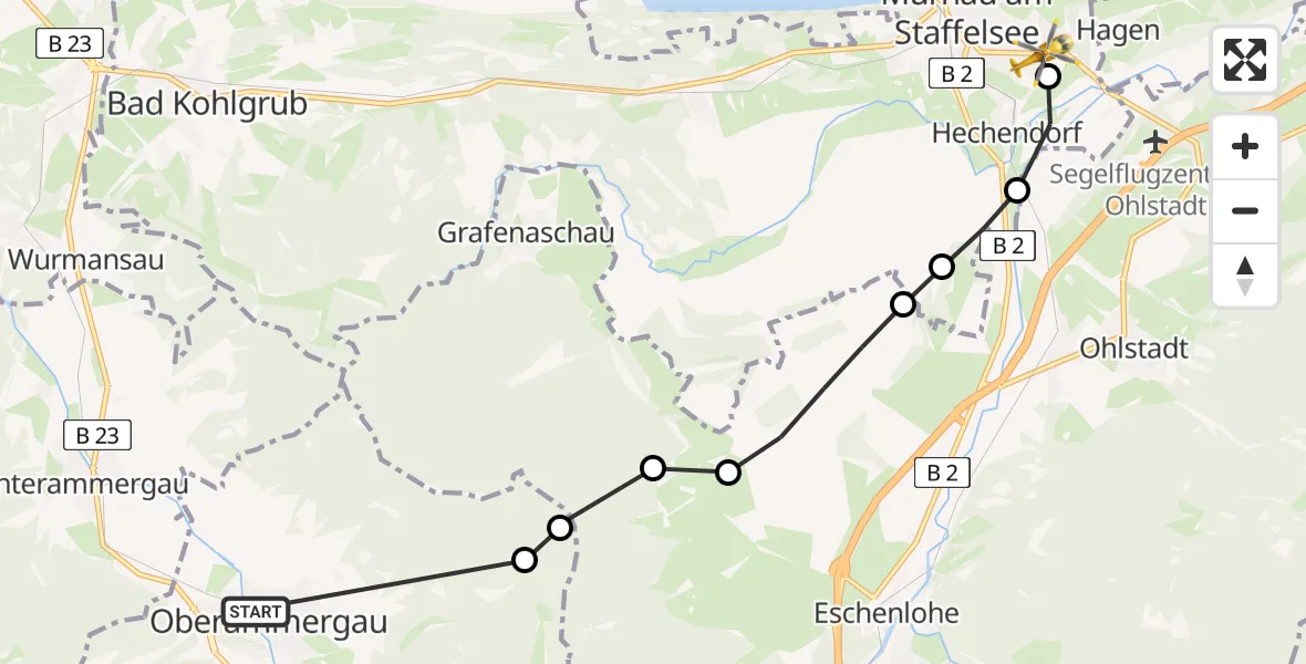 Flugroute Rettungshubschrauber Oberammergau - Murnau Accident Hospital Heliport, 01 März 2026, 17:02