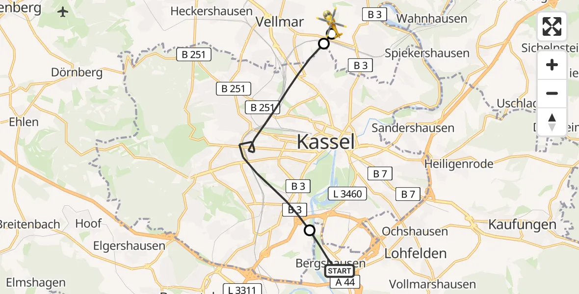 Flugroute Rettungshubschrauber Bergshausen - Fuldatal Federal Police Heliport, 01 März 2026, 17:11