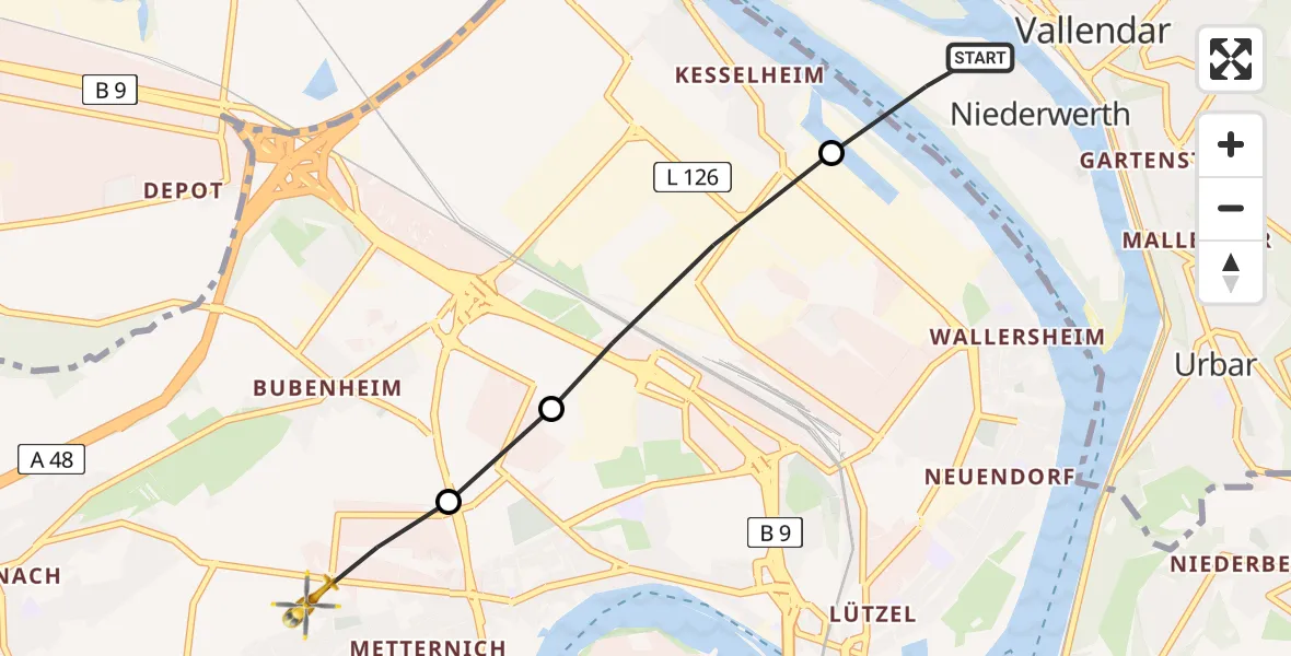 Flugroute Rettungshubschrauber Niederwerth - Koblenz, 01 März 2026, 17:23