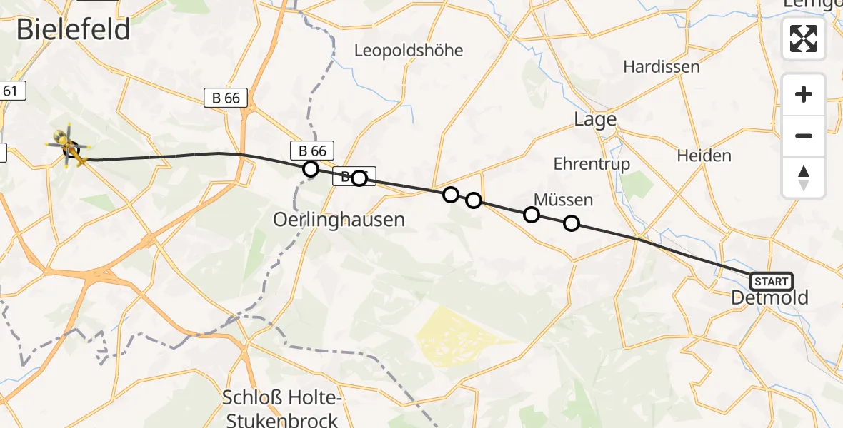 Flugroute Rettungshubschrauber Detmold - Luftrettungszentrum Bielefeld, 01 März 2026, 17:26