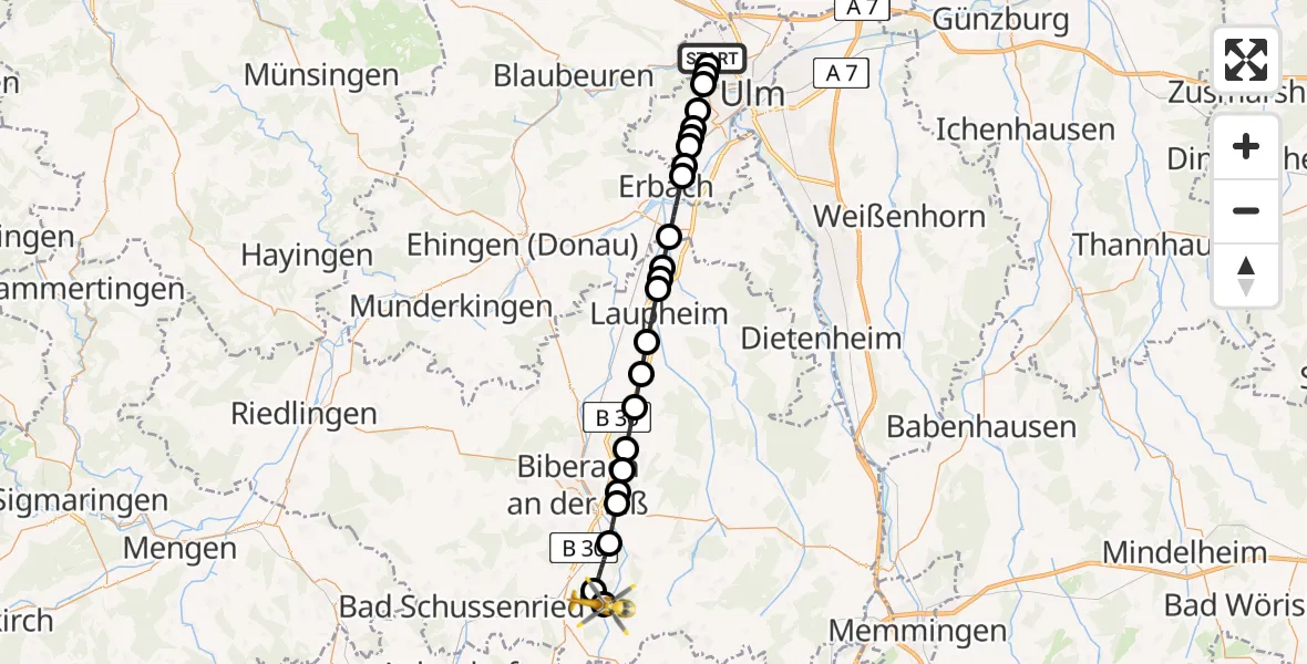 Flugroute Rettungshubschrauber ADAC Air Rescue Station Ulm (Christoph 22) - Eberhardzell, 01 März 2026, 17:33