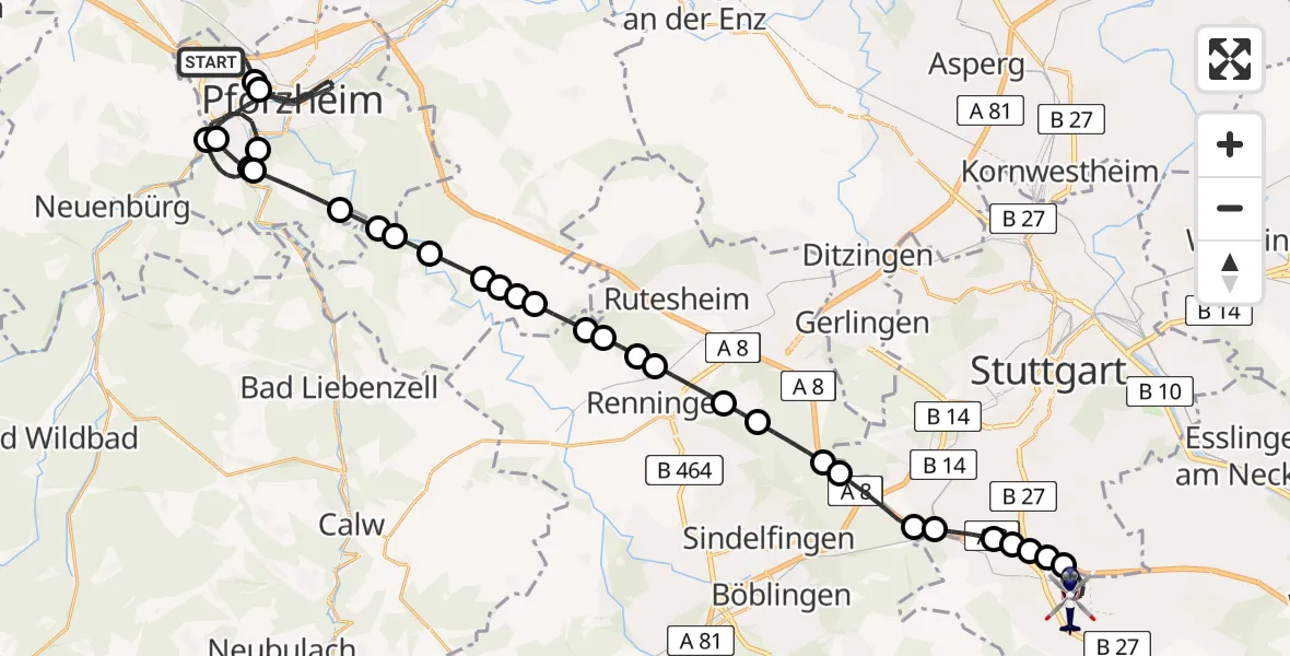 Routekaart van de vlucht: Polizeihubschrauber nach Stuttgart Airport