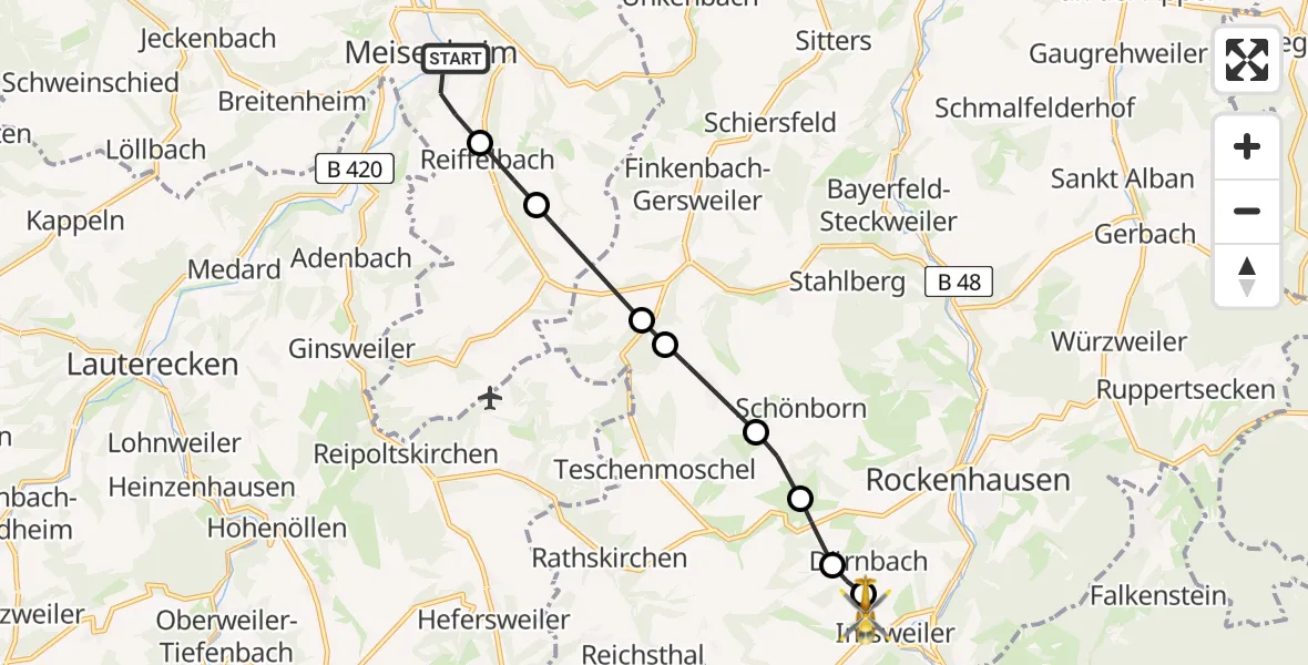 Flugroute Rettungshubschrauber Meisenheim - Imsweiler UL, 01 März 2026, 18:05