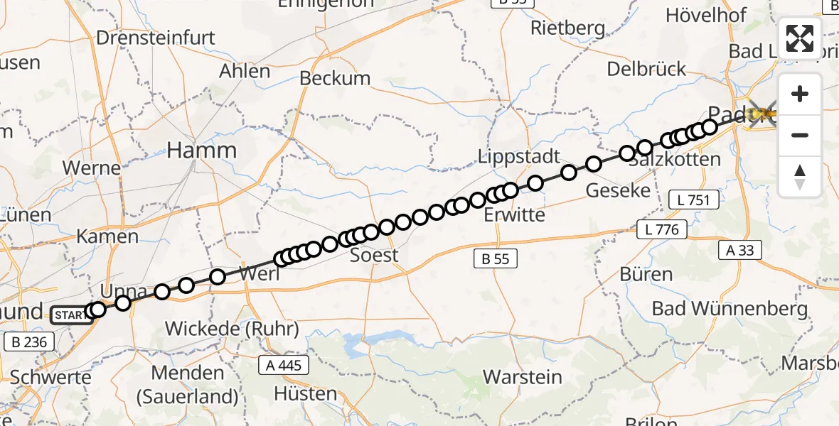 Flugroute Ambulanzhubschrauber Dortmund Airport - Paderborn, 01 März 2026, 18:25