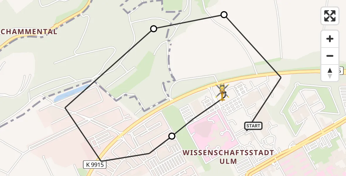 Flugroute Rettungshubschrauber Ulm Military Hospital Emergency Heliport - ADAC Air Rescue Station Ulm (Christoph 22), 01 März 2026, 19:03