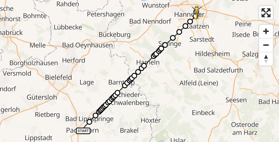 Flugroute Ambulanzhubschrauber Paderborn - Hannover Air Rescue Heliport (Christoph 4), 01 März 2026, 19:30