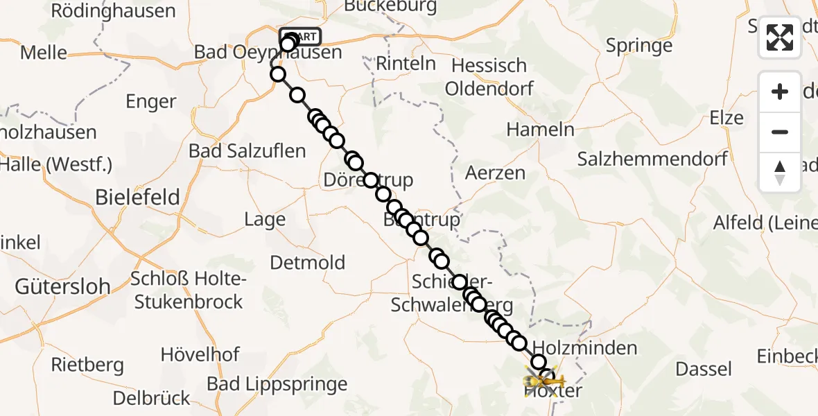 Flugroute Ambulanzhubschrauber Porta Westfalica Airfield - Höxter, 01 März 2026, 21:23
