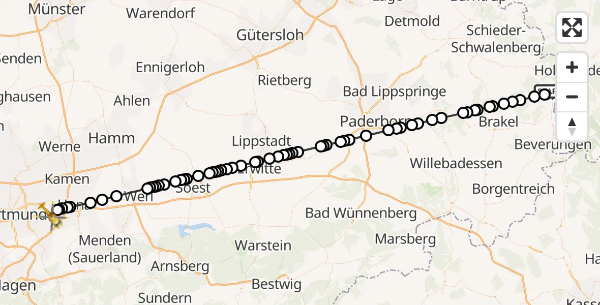Flugroute Ambulanzhubschrauber Höxter - Dortmund Airport, 01 März 2026, 22:30