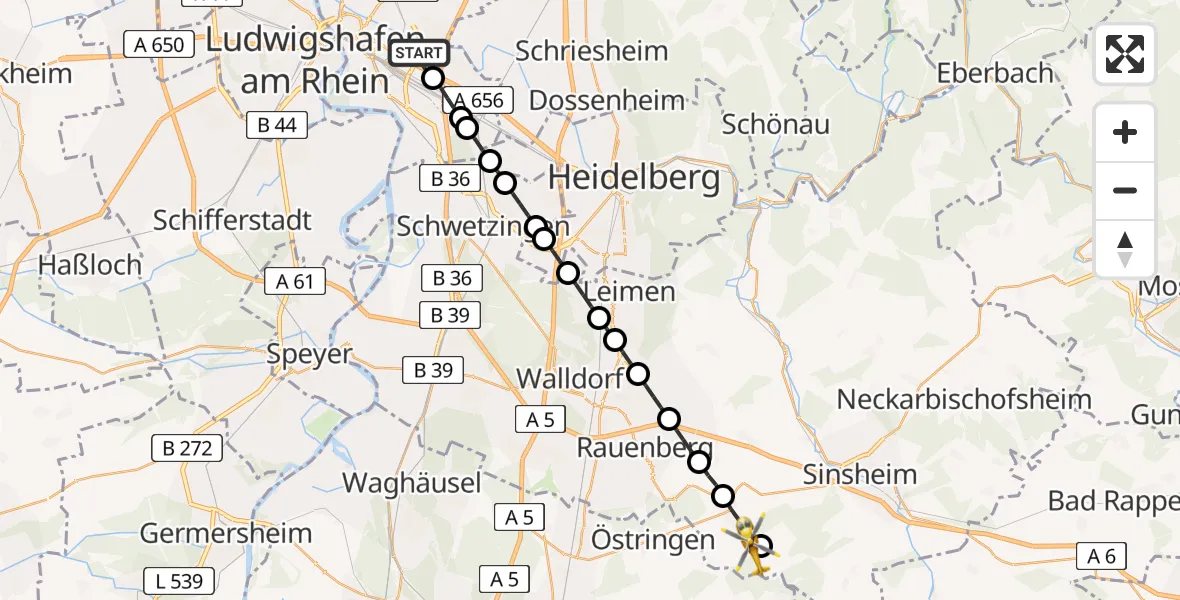 Flugroute Rettungshubschrauber Mannheim-City Airport - Sinsheim, 02 März 2026, 06:08