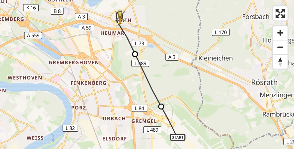 Flugroute Ambulanzhubschrauber Cologne Bonn Airport - Kalk, 02 März 2026, 06:14