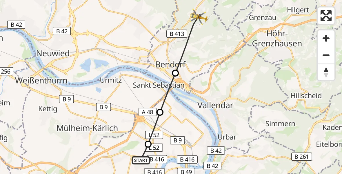 Flugroute Rettungshubschrauber Koblenz - Bendorf, 02 März 2026, 06:44