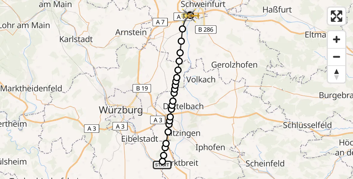 Flugroute Rettungshubschrauber Ochsenfurt - Bergrheinfeld, 02 März 2026, 06:54