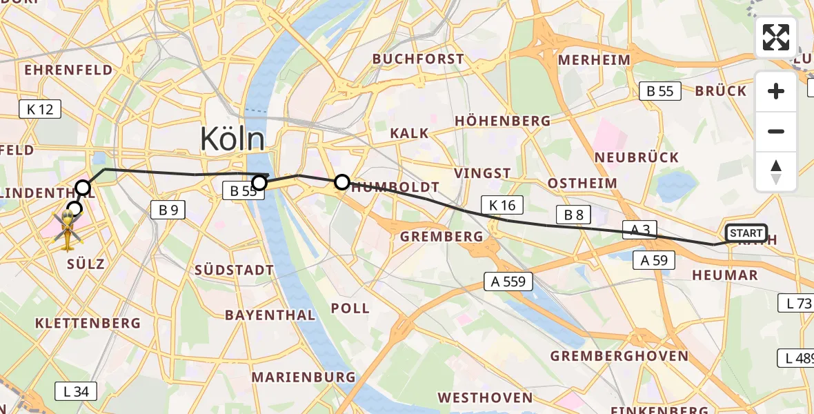 Flugroute Ambulanzhubschrauber Kalk - Köln University Hospital Heliport, 02 März 2026, 06:59