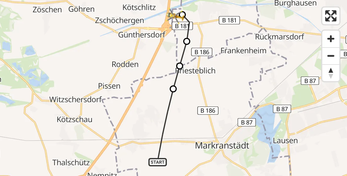 Flugroute Rettungshubschrauber Markranstädt - ADAC Air Rescue Station Leipzig/Schkeuditz-Dölzig Heliport (Christoph 61), 02 März 2026, 07:04