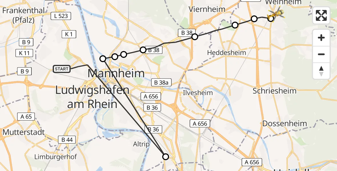 Flugroute Rettungshubschrauber Ludwigshafen am Rhein - Lützelsachsen, 02 März 2026, 07:15