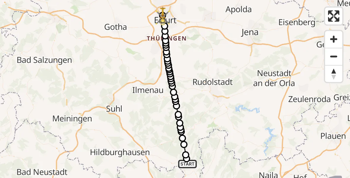 Flugroute Rettungshubschrauber Neufang - Helios Clinic Erfurt Heliport, 02 März 2026, 07:18