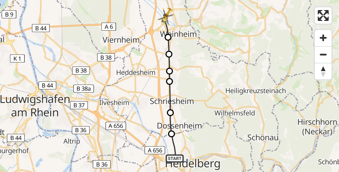 Flugroute Rettungshubschrauber Heidelberg - Weinheim (Kernstadt), 02 März 2026, 07:27
