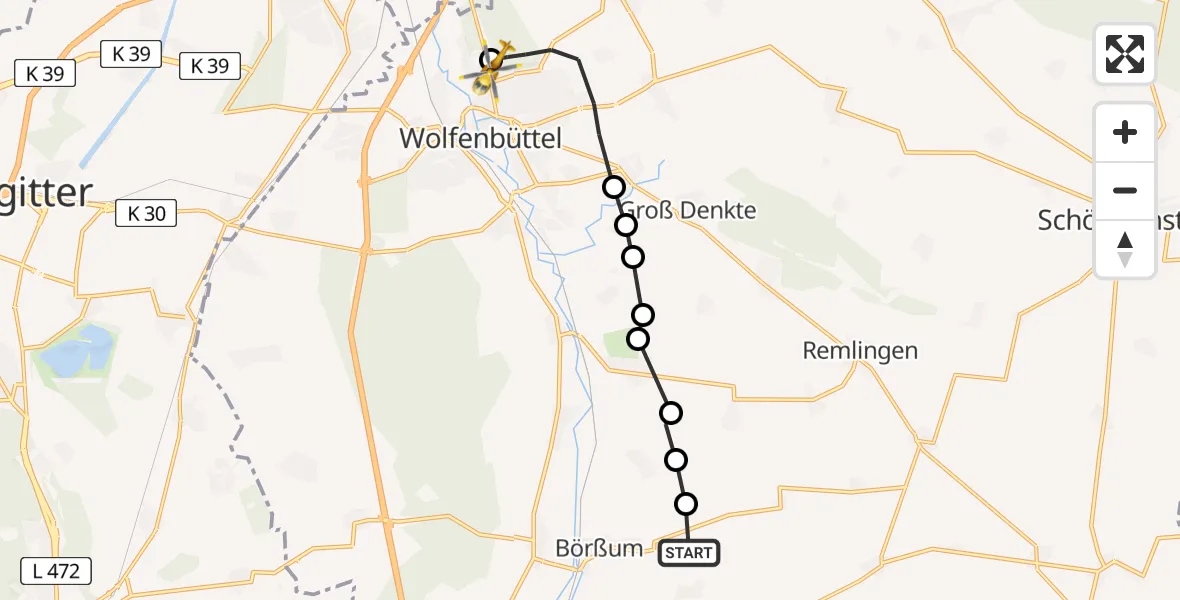 Flugroute Rettungshubschrauber Achim - Wolfenbüttel Municipal Hospital Heliport (Christoph 30), 02 März 2026, 07:33