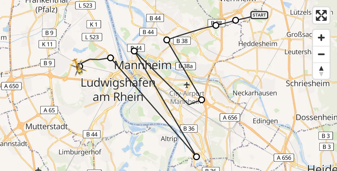 Routekaart van de vlucht: Rettungshubschrauber nach Ludwigshafen Accident Hospital Heliport