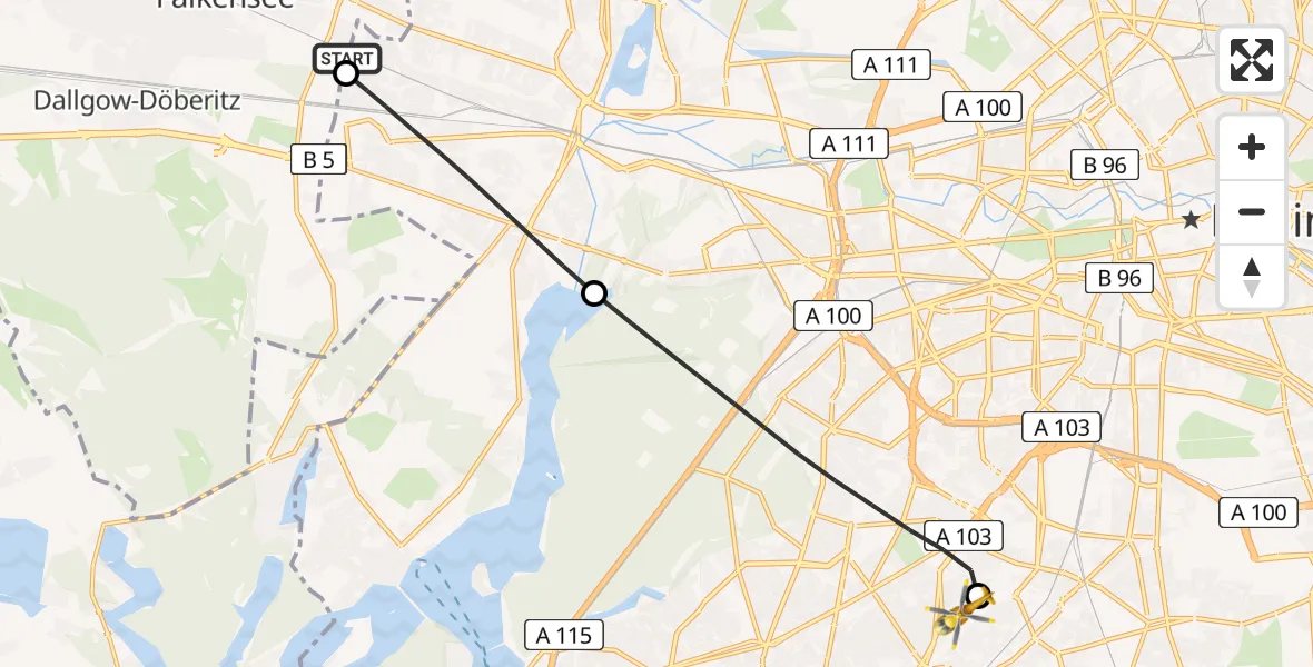 Flugroute Rettungshubschrauber Falkensee - Charité Clinic Benjamin Franklin Campus Heliport, 02 März 2026, 07:40