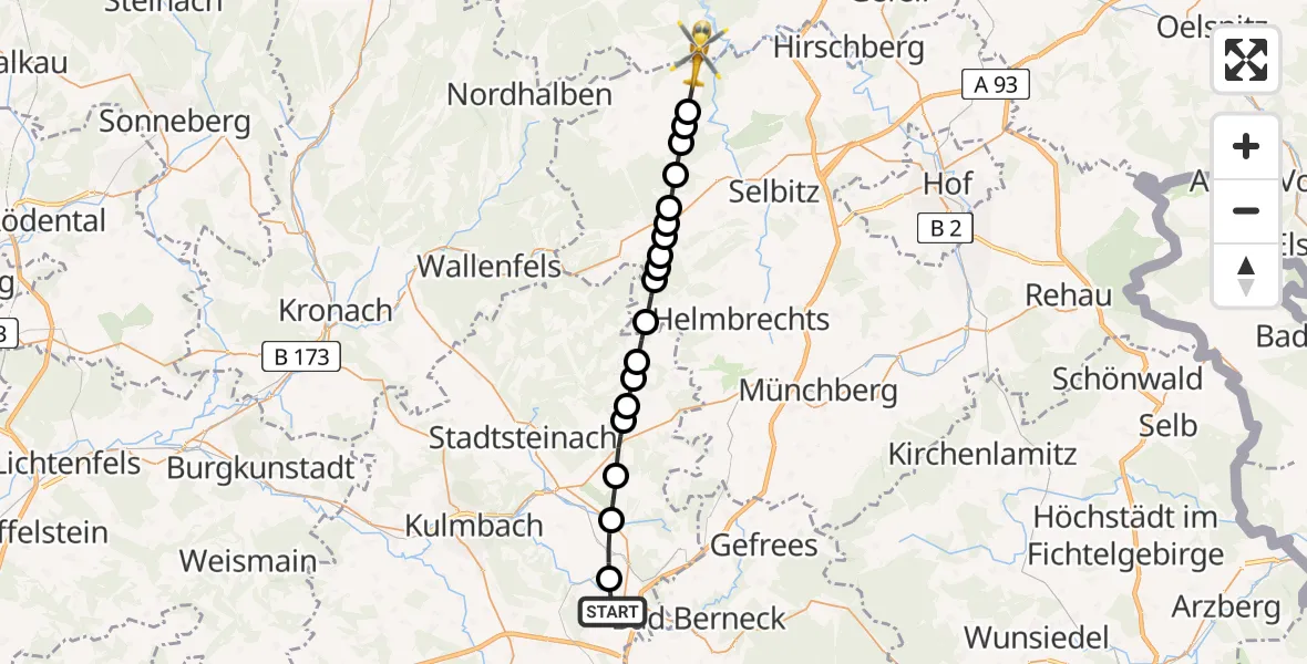 Flugroute Rettungshubschrauber Lanzendorf - Rosenthal am Rennsteig, 02 März 2026, 07:40