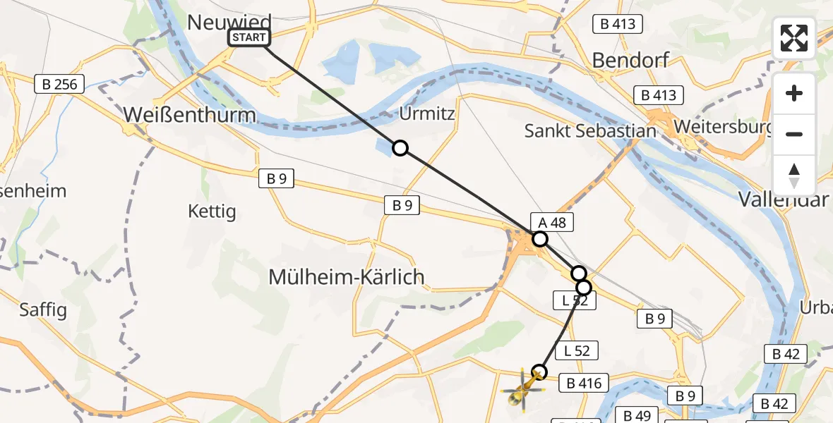 Flugroute Rettungshubschrauber Neuwied - Koblenz, 02 März 2026, 07:51