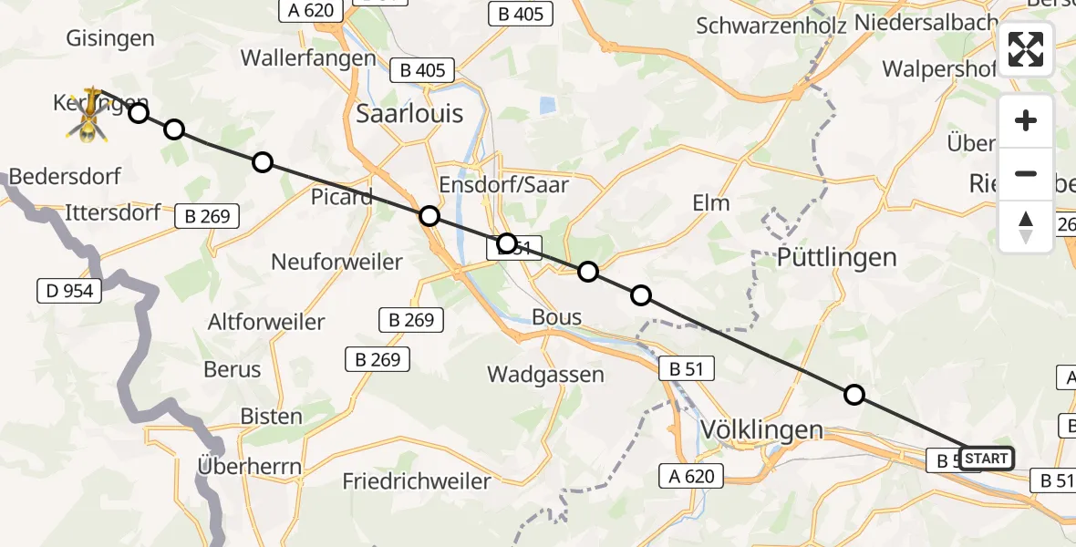 Flugroute Rettungshubschrauber Saarbrücken - Wallerfangen, 02 März 2026, 08:12