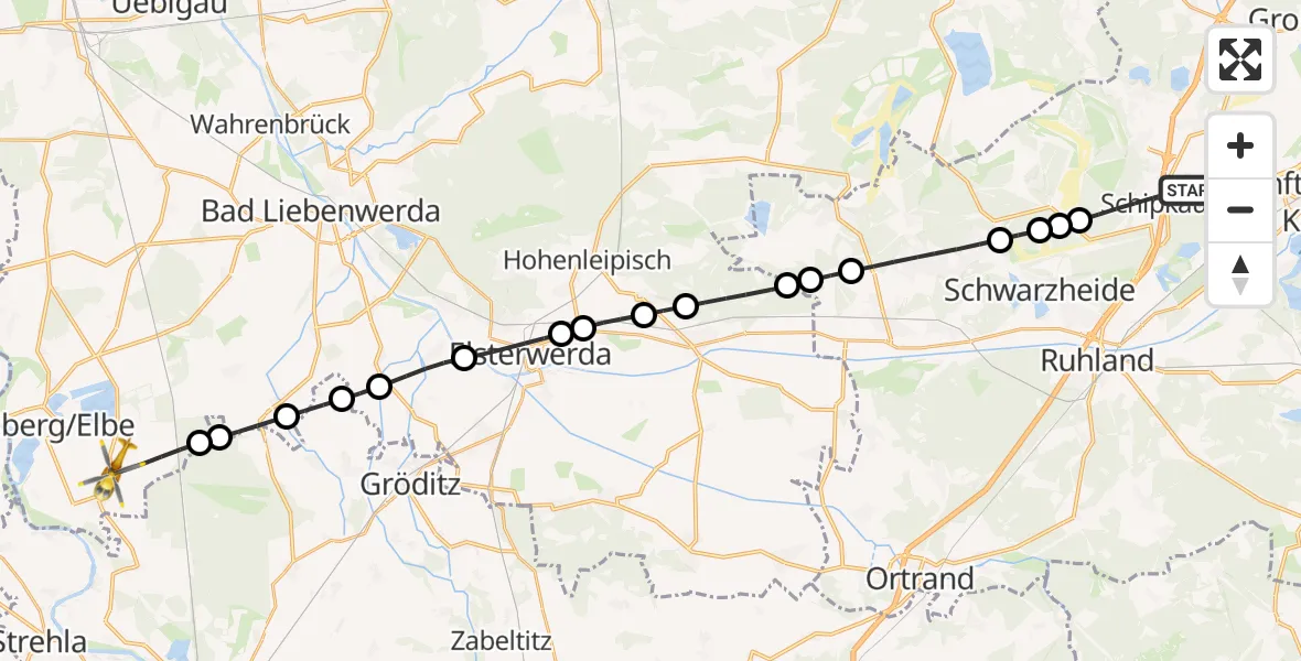 Flugroute Rettungshubschrauber Schipkau - Mühlberg/Elbe, 02 März 2026, 08:17