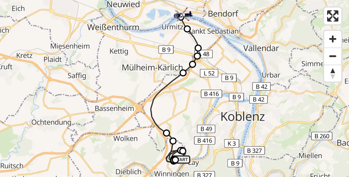 Flugroute Polizeihubschrauber Koblenz-Winningen Airfield - Neuwied, 02 März 2026, 08:18