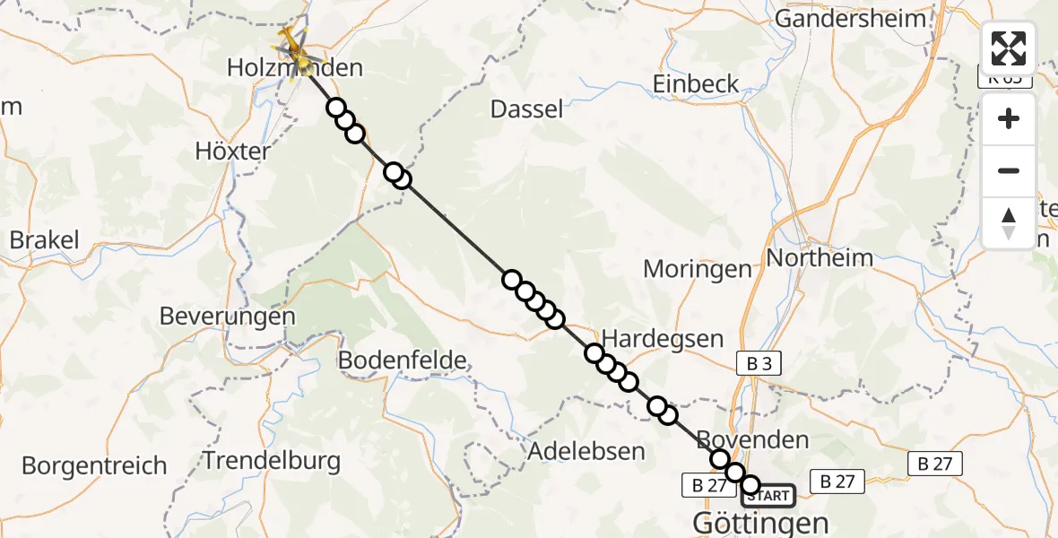 Flugroute Rettungshubschrauber Göttingen University Clinic Heliport - Holzminden, 02 März 2026, 08:29