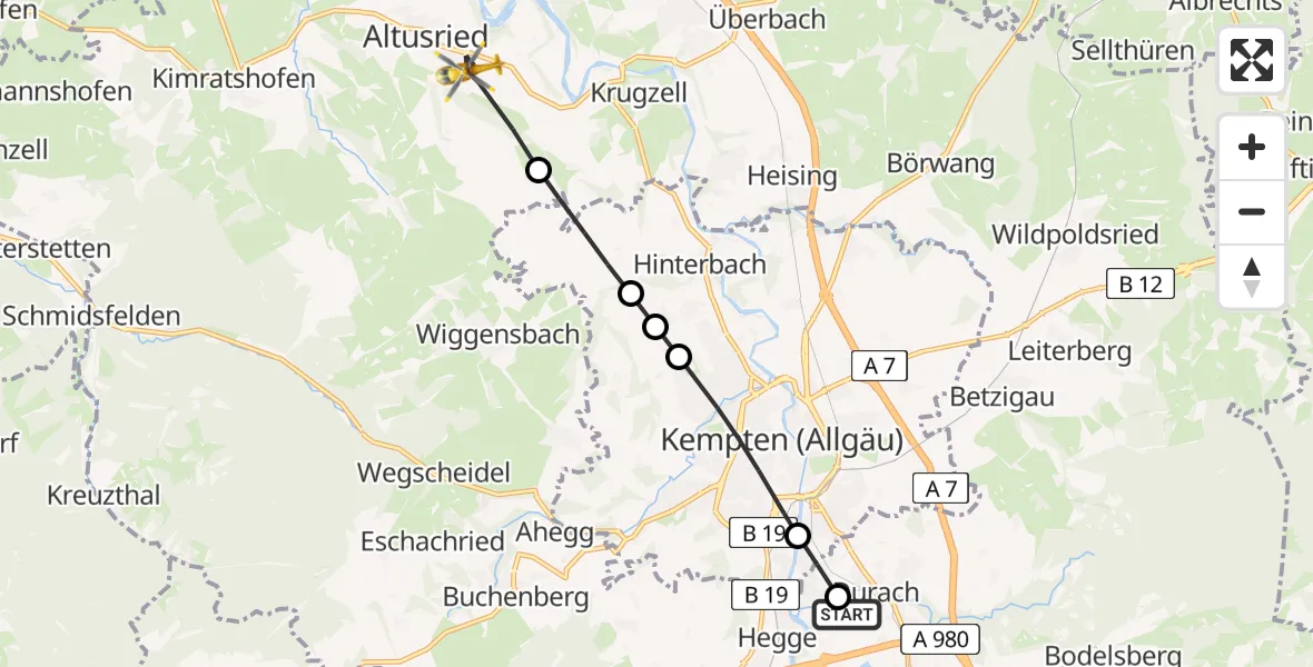Flugroute Rettungshubschrauber Kempten-Durach Airfield - Altusried, 02 März 2026, 08:33