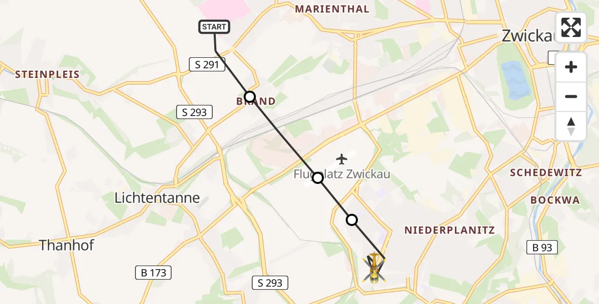 Flugroute Rettungshubschrauber ADAC Air Rescue Station Zwickau Heliport - Zwickau, 02 März 2026, 08:47