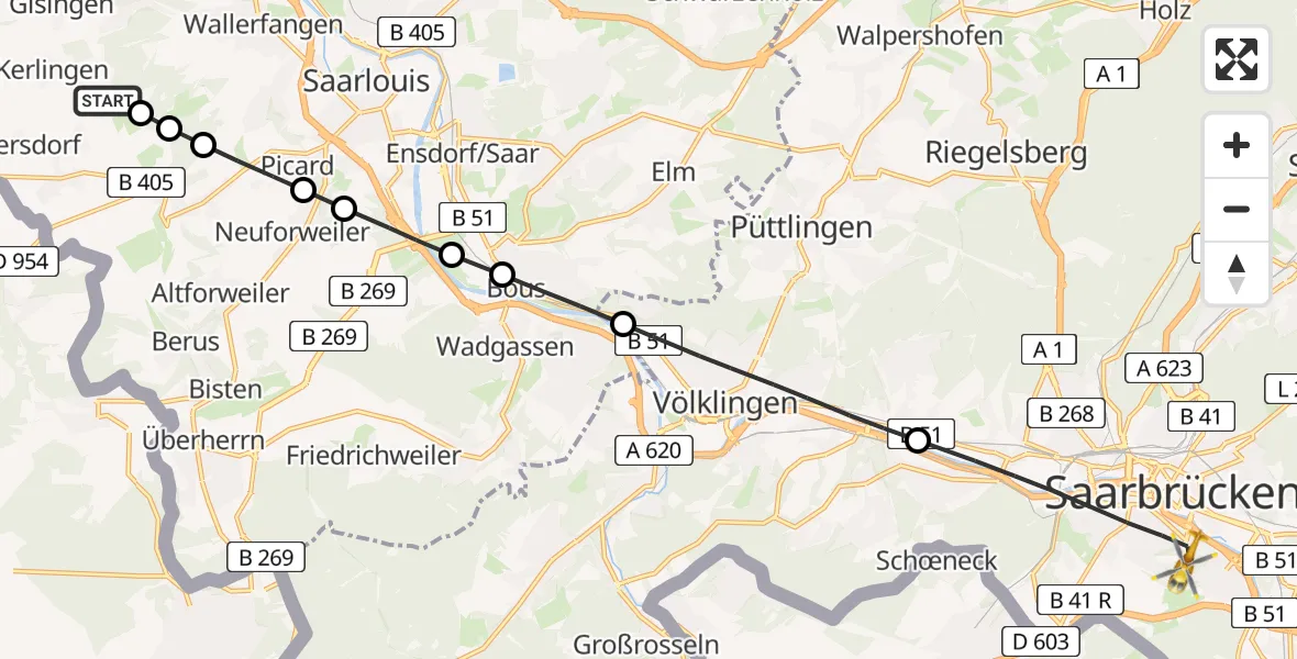 Flugroute Rettungshubschrauber Saarlouis-Düren Airfield - Saarbrücken, 02 März 2026, 08:48