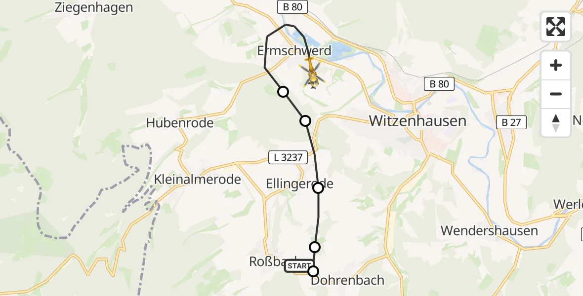 Flugroute Rettungshubschrauber Roßbach - Witzenhausen-Burgberg Glider Field, 02 März 2026, 09:01