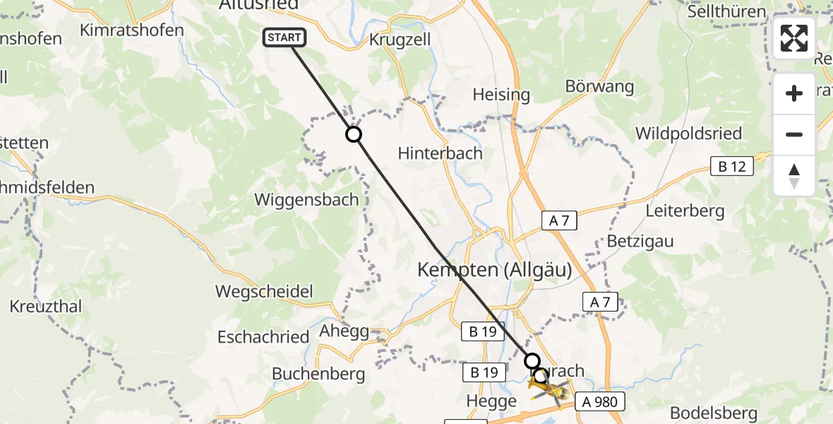 Flugroute Rettungshubschrauber Altusried - Kempten-Durach Airfield, 02 März 2026, 09:02