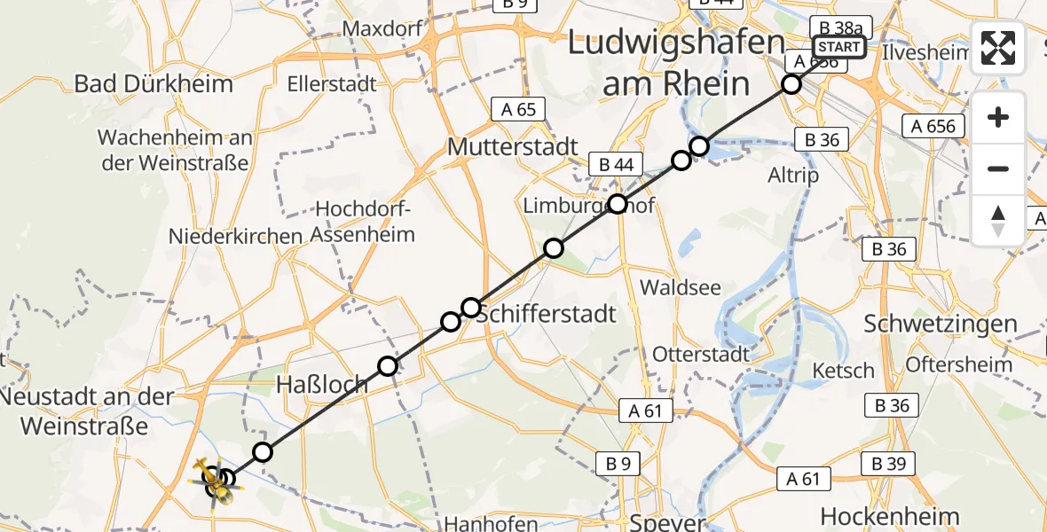 Flugroute Rettungshubschrauber Mannheim-City Airport - Neustadt an der Weinstraße, 02 März 2026, 09:06