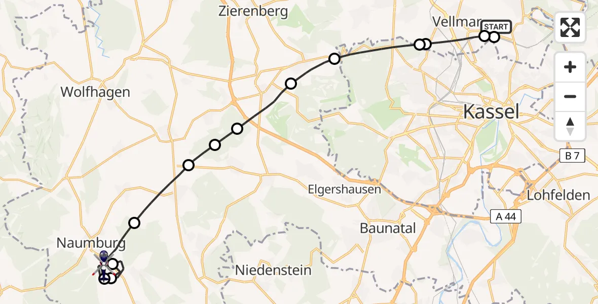 Routekaart van de vlucht: Polizeihubschrauber nach Naumburg, Fritzlarer Straße