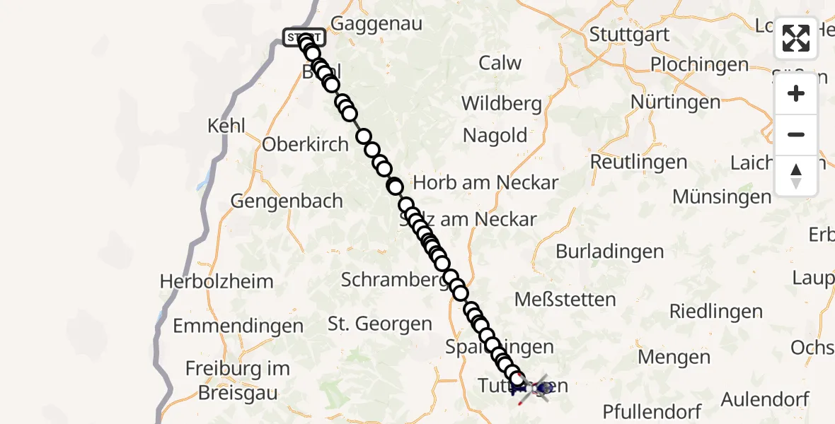 Flugroute Polizeihubschrauber Karlsruhe Baden-Baden Airport - Tuttlingen, 02 März 2026, 09:12
