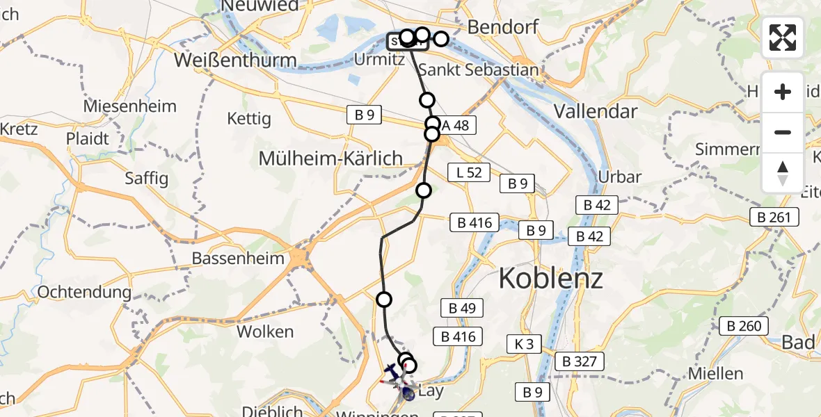 Flugroute Polizeihubschrauber Urmitz - Koblenz-Winningen Airfield, 02 März 2026, 09:16
