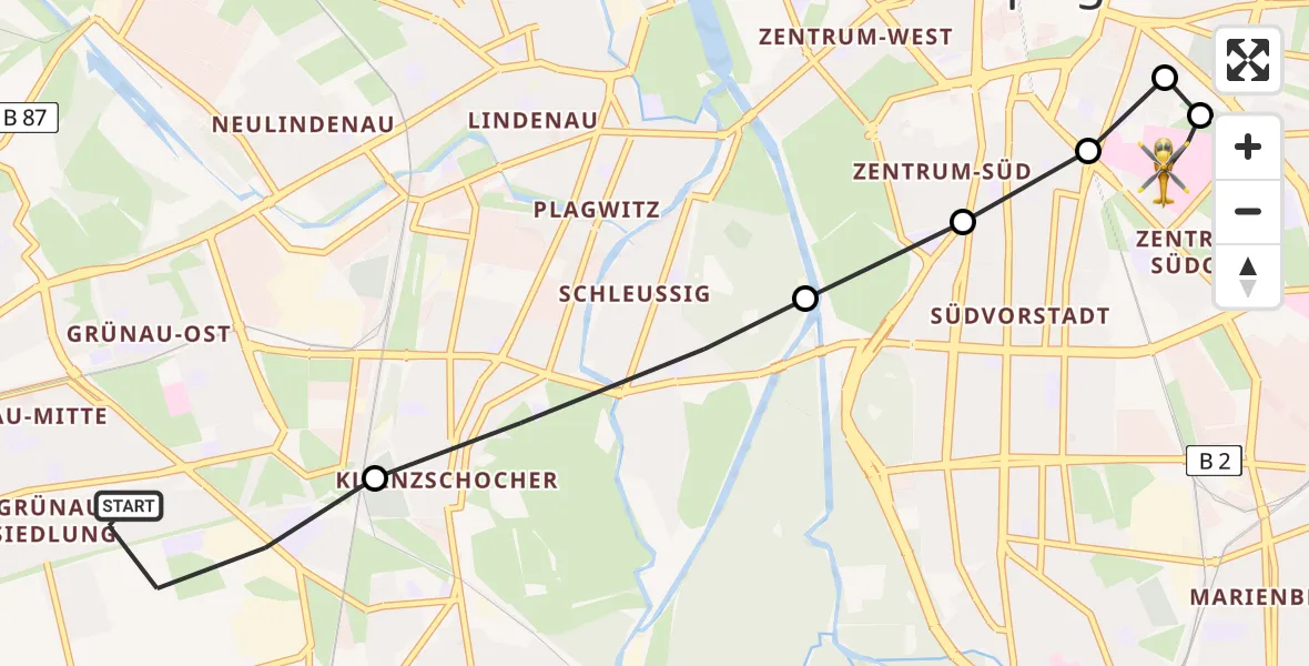 Routekaart van de vlucht: Rettungshubschrauber nach Leipzig University Hospital Heliport 1