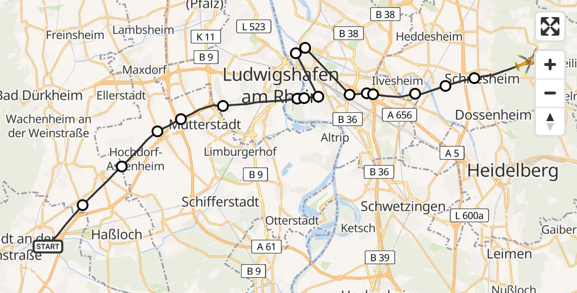 Flugroute Rettungshubschrauber Neustadt an der Weinstraße - Schriesheim, 02 März 2026, 09:32