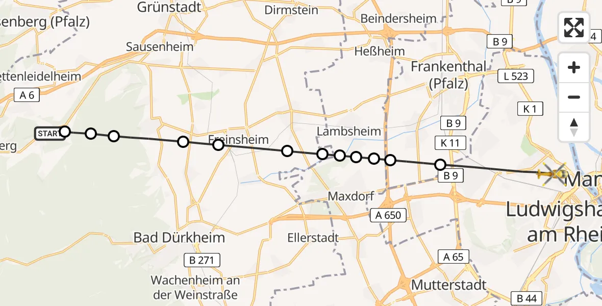 Routekaart van de vlucht: Rettungshubschrauber nach Ludwigshafen am Rhein, Bremserstraße