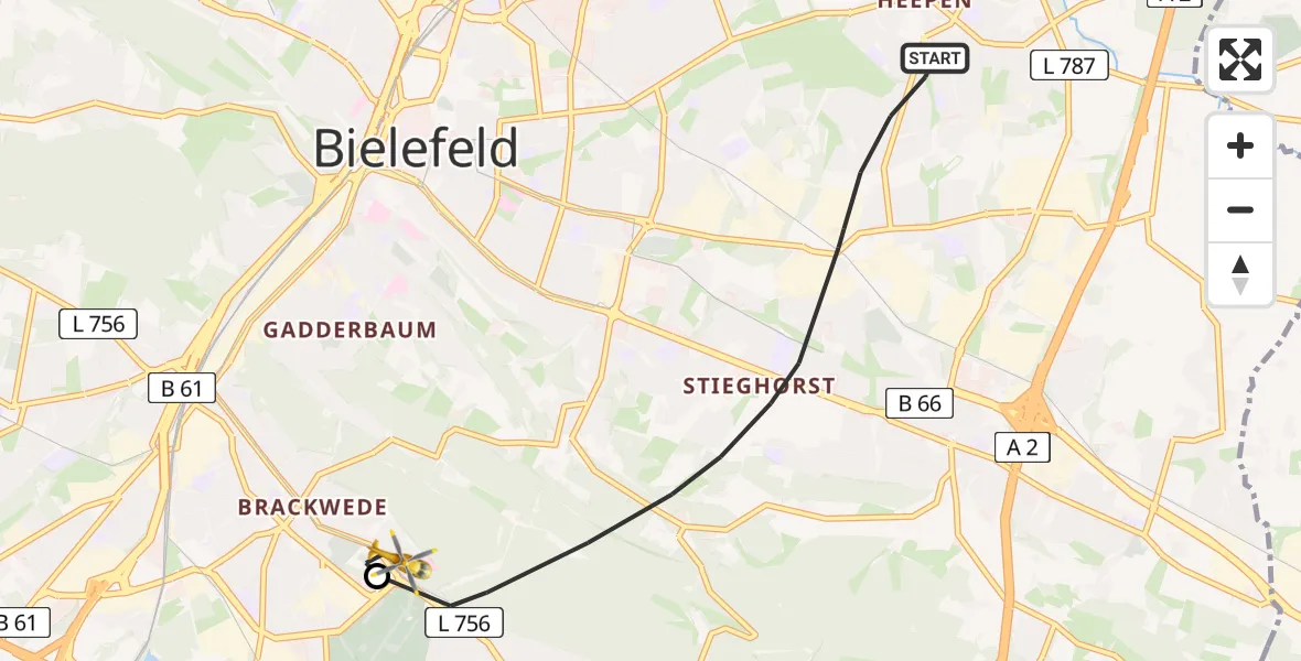 Flugroute Rettungshubschrauber Bielefeld - Luftrettungszentrum Bielefeld, 02 März 2026, 09:38