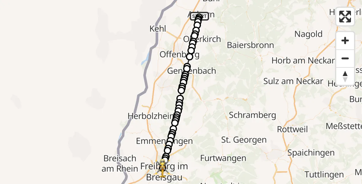 Flugroute Rettungshubschrauber Ortenau Hospital Achern Heliport - Freiburg University Hospital Heliport 1, 02 März 2026, 09:40