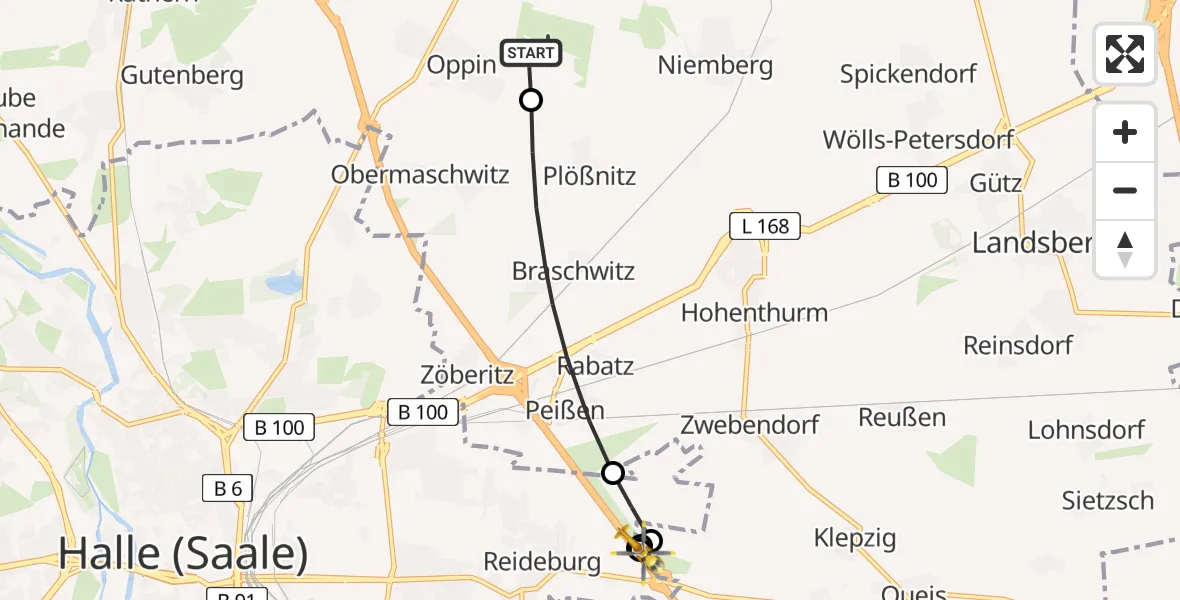 Flugroute Ambulanzhubschrauber Halle-Oppin Airfield - Reideburg, 02 März 2026, 09:51