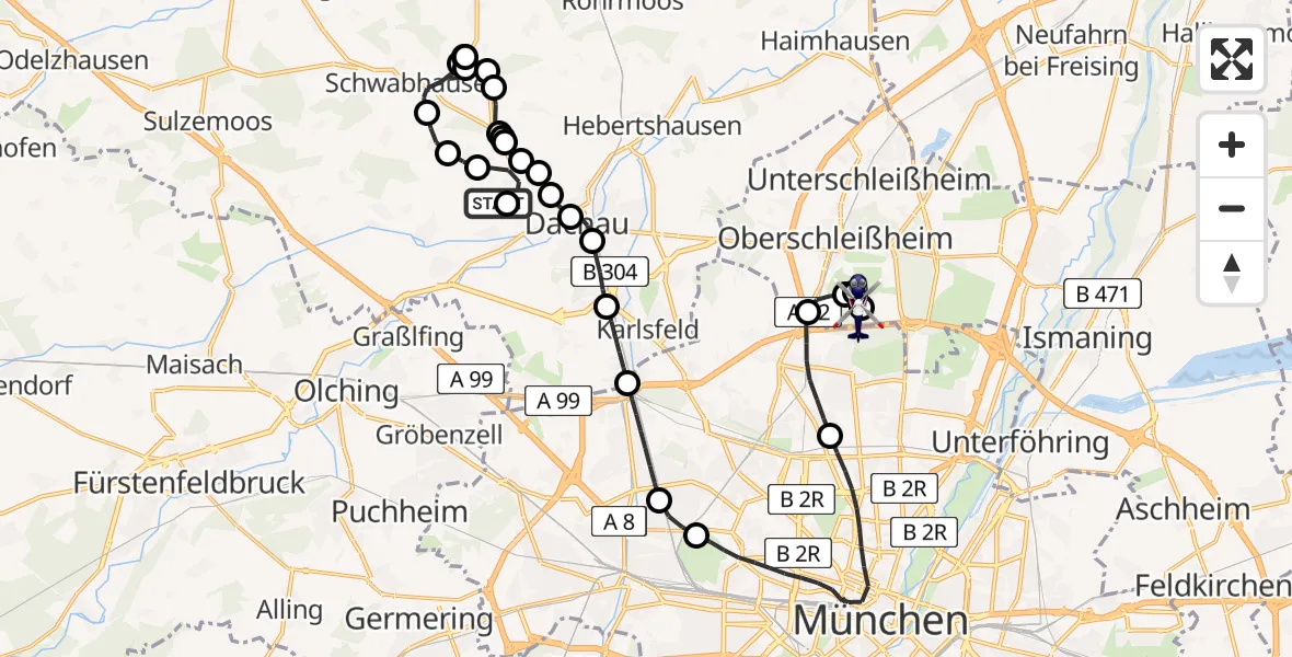 Flugroute Polizeihubschrauber Günding - Oberschleißheim, 02 März 2026, 09:51