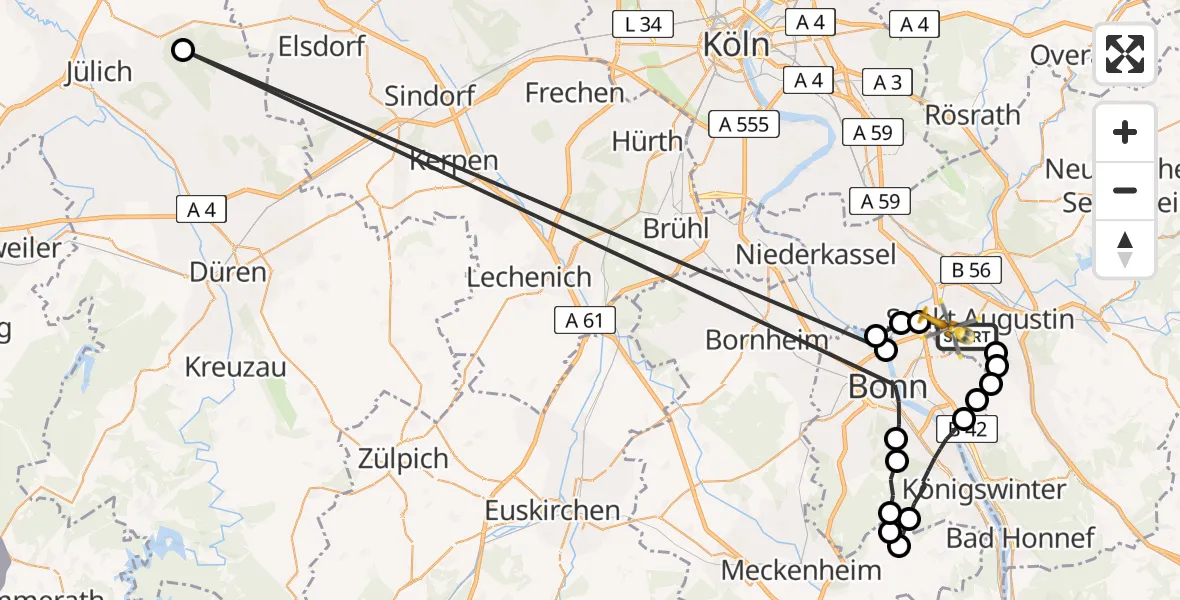 Routekaart van de vlucht: Rettungshubschrauber nach Bonn-Hangelar Airfield