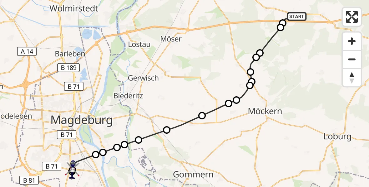 Routekaart van de vlucht: Polizeihubschrauber nach Magdeburg, Carnotstraße