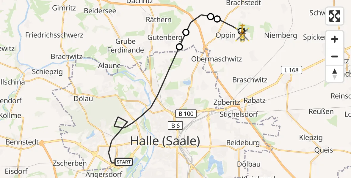 Flugroute Rettungshubschrauber Halle (Saale) - Halle-Oppin Airfield, 02 März 2026, 10:03