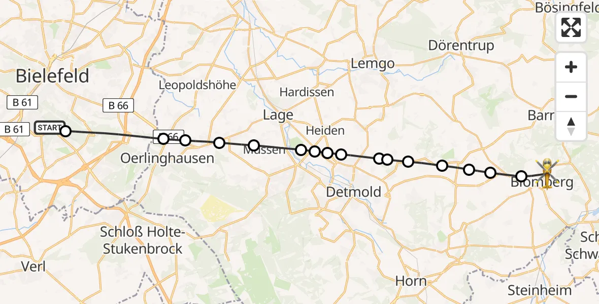 Flugroute Rettungshubschrauber Luftrettungszentrum Bielefeld - Blomberg, 02 März 2026, 10:05